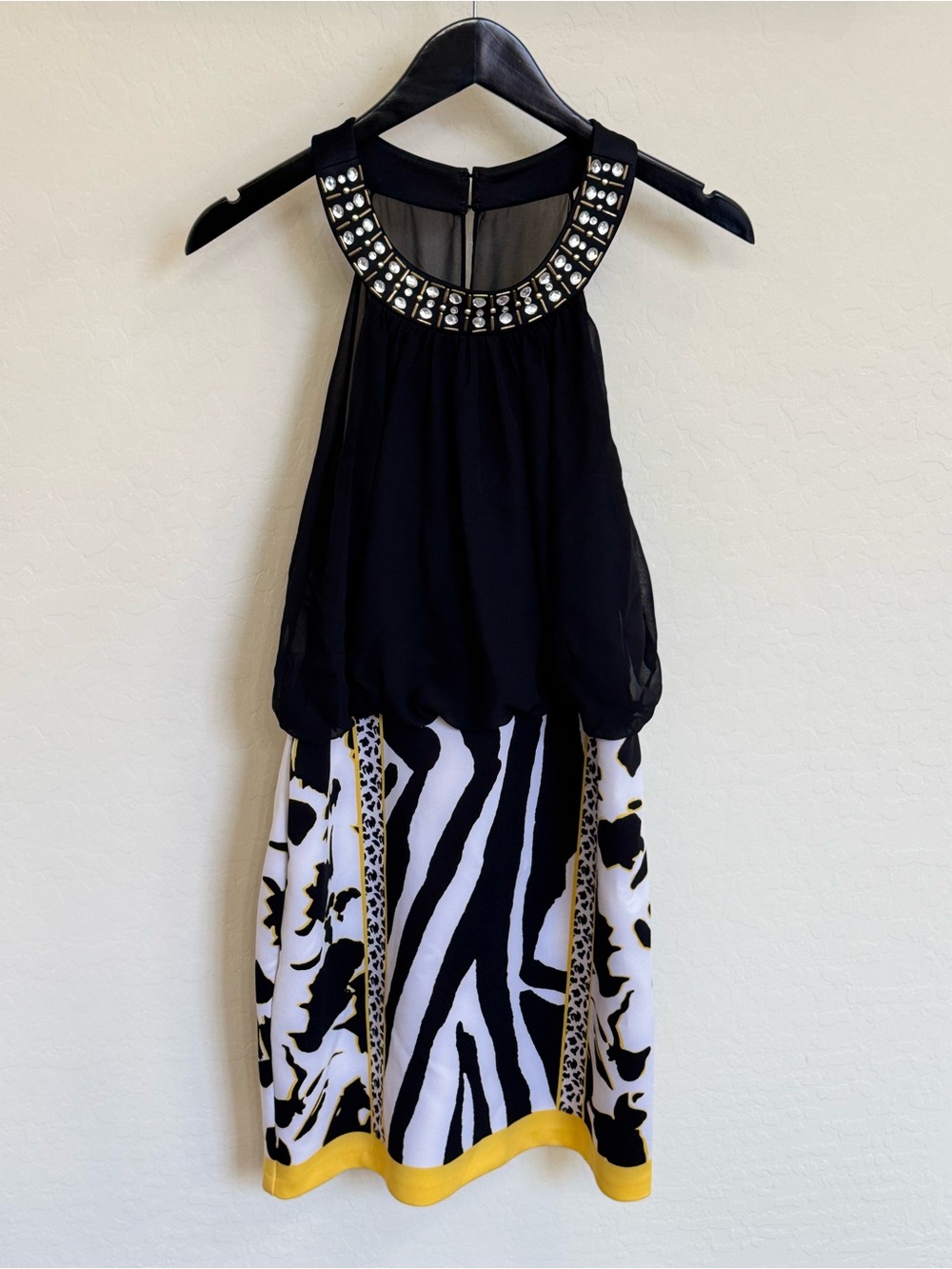 Thalia Sodi Rhinestone Halter Dress Medium Black Animal Print Chiffon Yellow Hem
